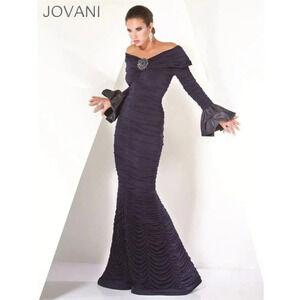 Jovani Womens Off Shoulder Mermaid Gown Crystal Sequins Wedding Dress Navy
